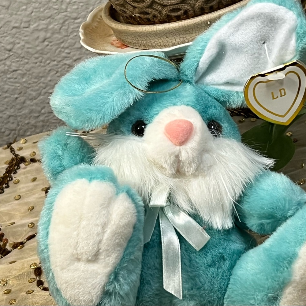 VINTAGE Bunny Rabbit Plush Baby Blue White Stuffed Animal Very Soft Toy Bow New!